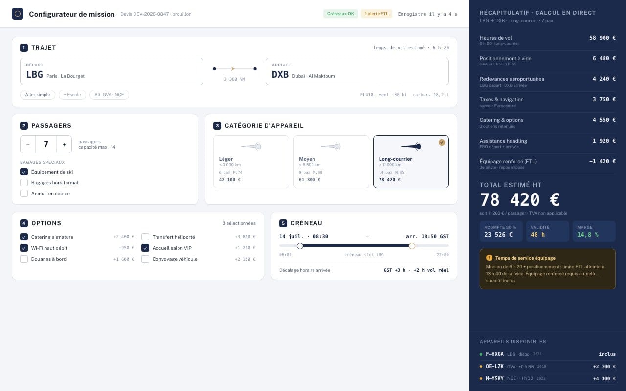 Configurateur de devis en aviation d’affaires : trajet, appareil, options et calcul en direct.