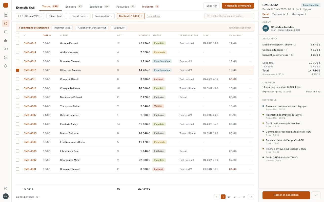 Suivi des commandes dans un ERP : lignes de commande, statuts d’expédition et historique.