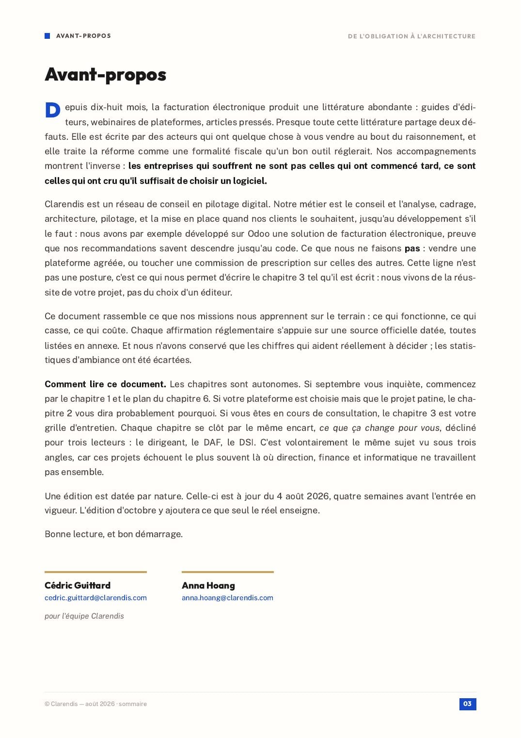 Page 3 du livre blanc « De l’obligation à l’architecture — Facturation électronique 2026-2035 »