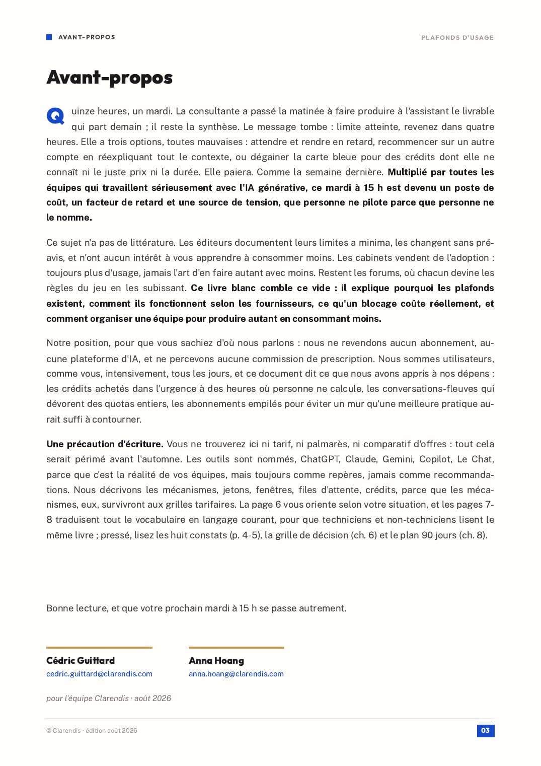 Page 3 du livre blanc « Plafonds d’usage : produire avec l’IA sans acheter du temps »