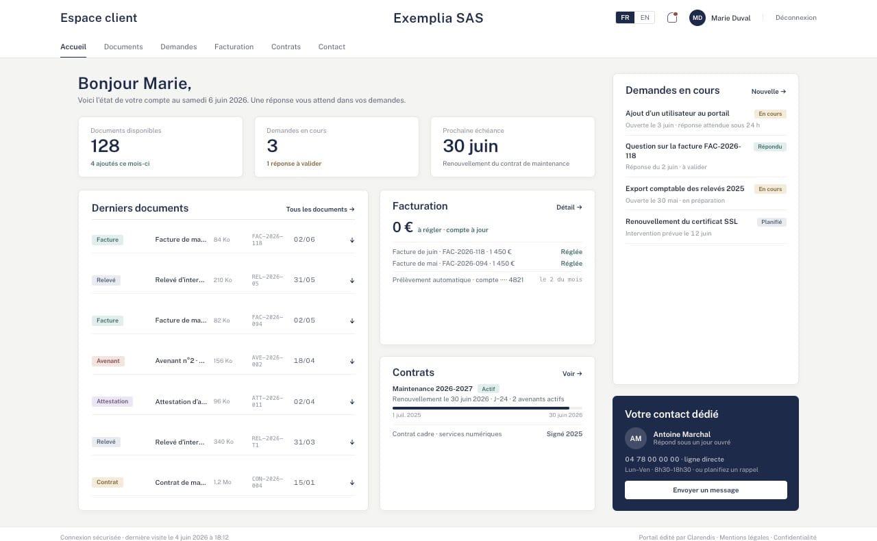Espace client d’un portail : documents mis à disposition, demandes en cours et facturation.