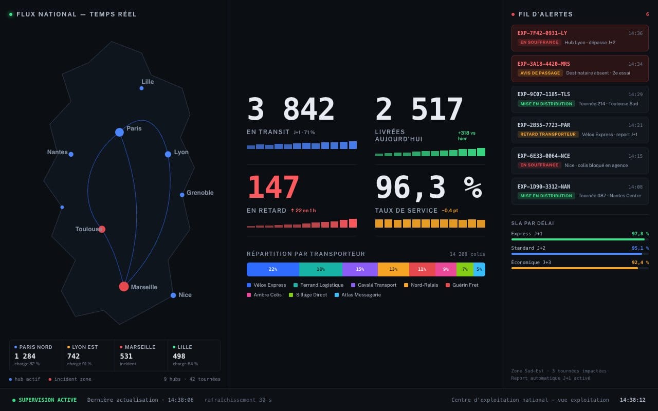 Mur de supervision logistique : flux en transit, retards et taux de service par transporteur.