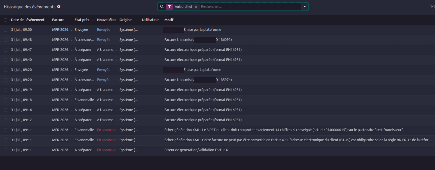 Audit log of state transitions, with the reason for each change
