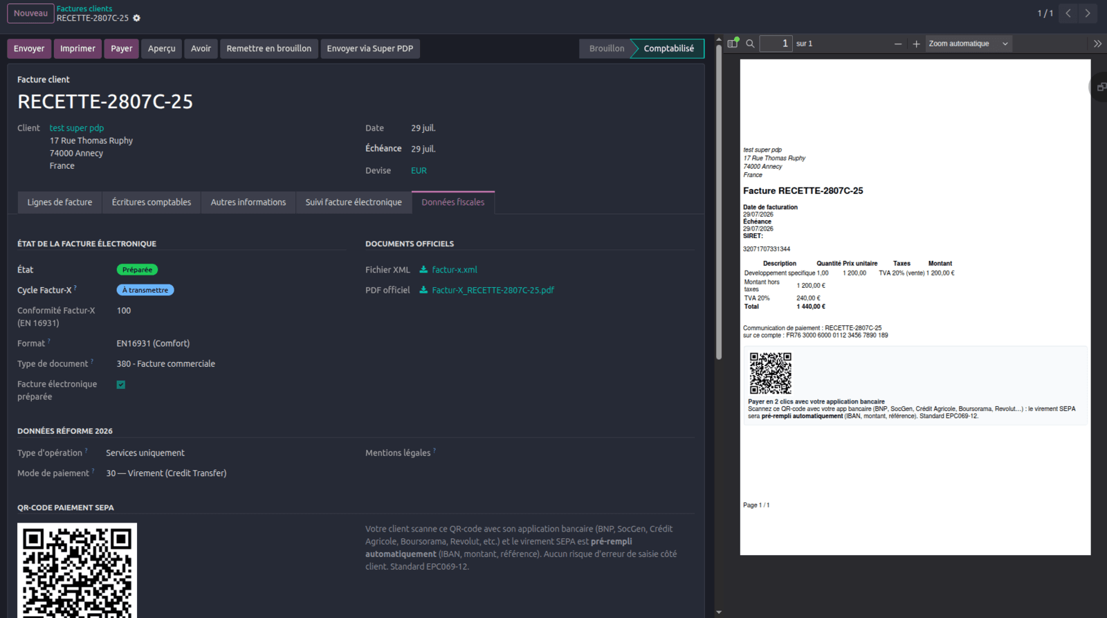 Posted invoice with its electronic invoicing state: compliance 100, EN 16931 Comfort format, SEPA payment QR code