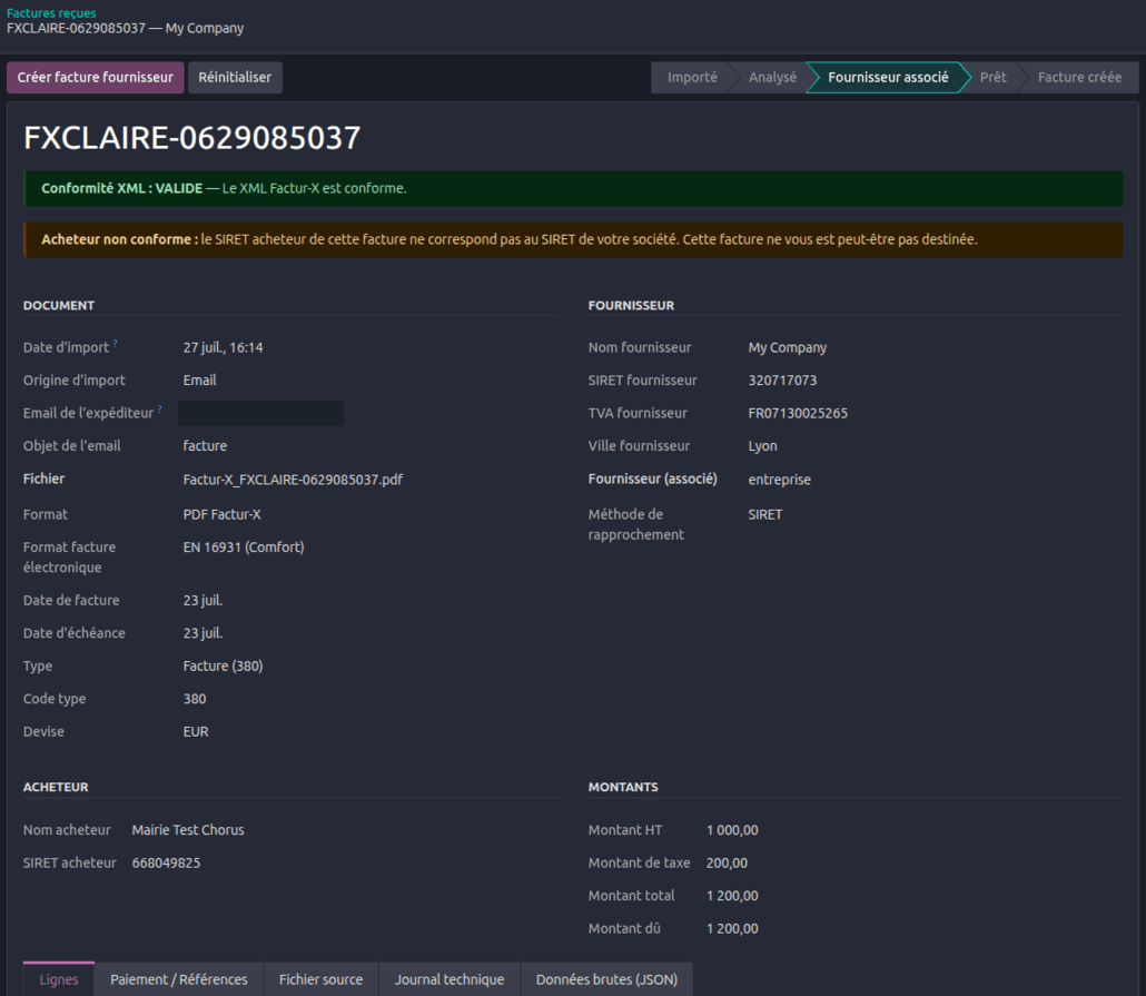 Supplier invoice received by email and analysed automatically, with a non-compliant buyer alert