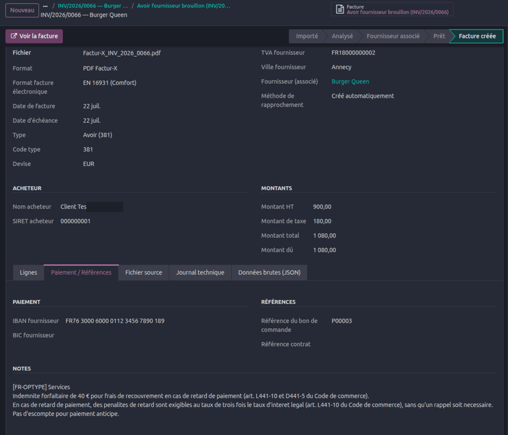 Matching between the invoice received and the purchase order, with the reference found in the document
