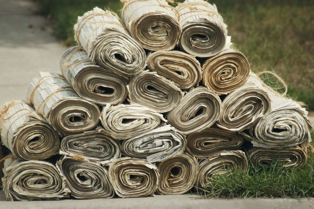 Pile de journaux roulés et ficelés à la ficelle, empilés en pyramide