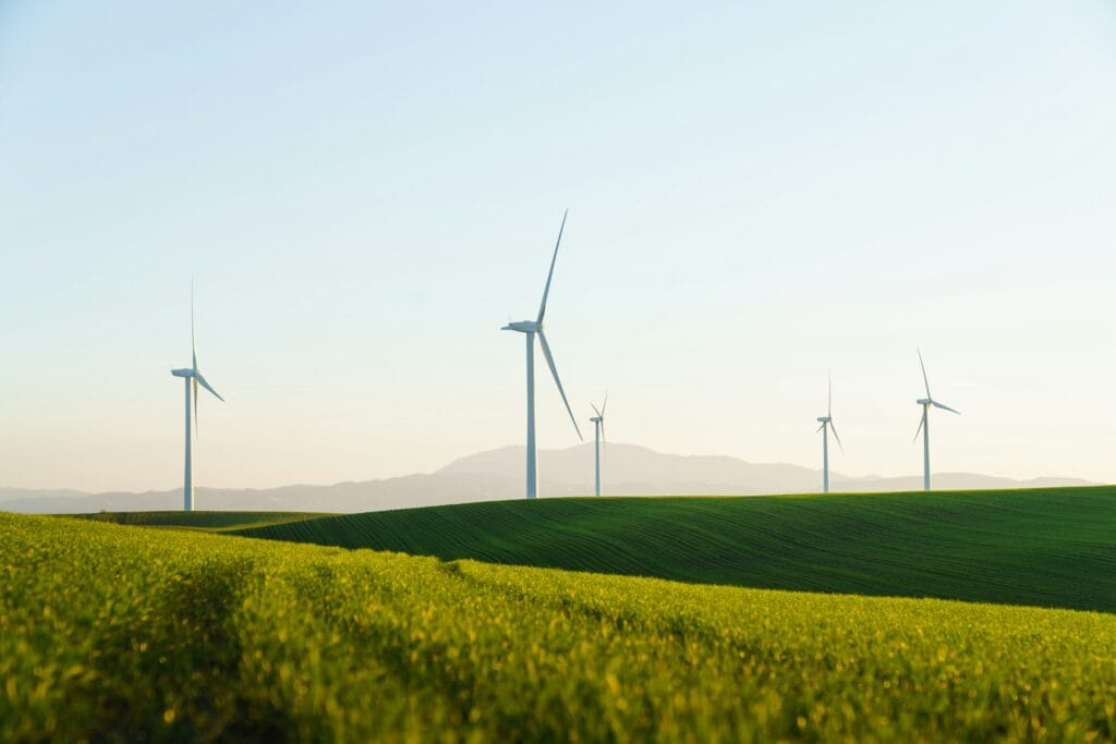 Éoliennes blanches réparties sur des champs vallonnés, lumière de fin de journée