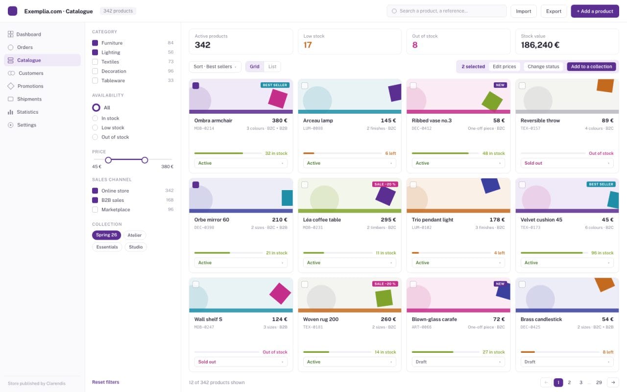 Back office of an online store: product catalogue, categories and stock levels.