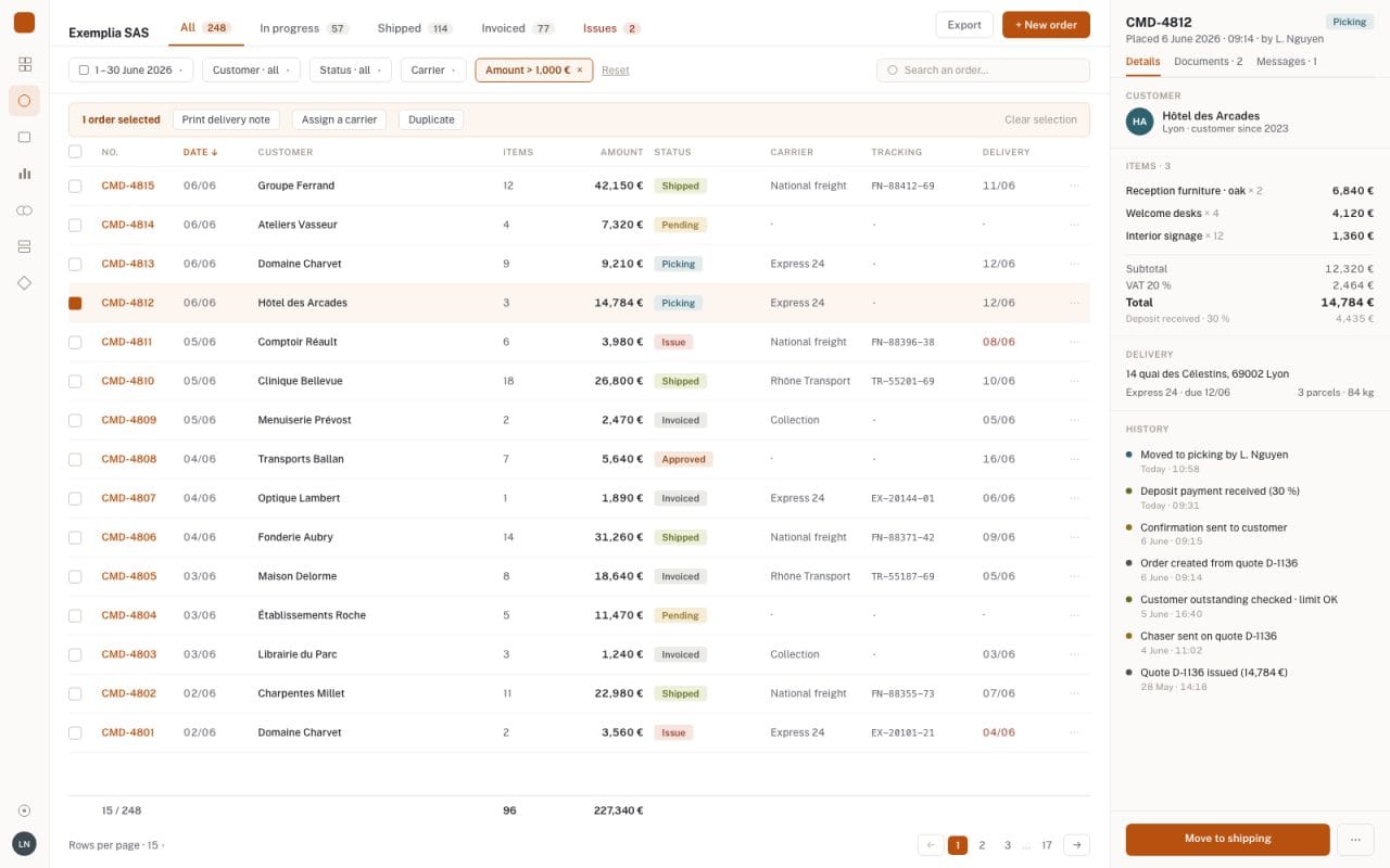 Order tracking in an ERP: order lines, shipping statuses and history.