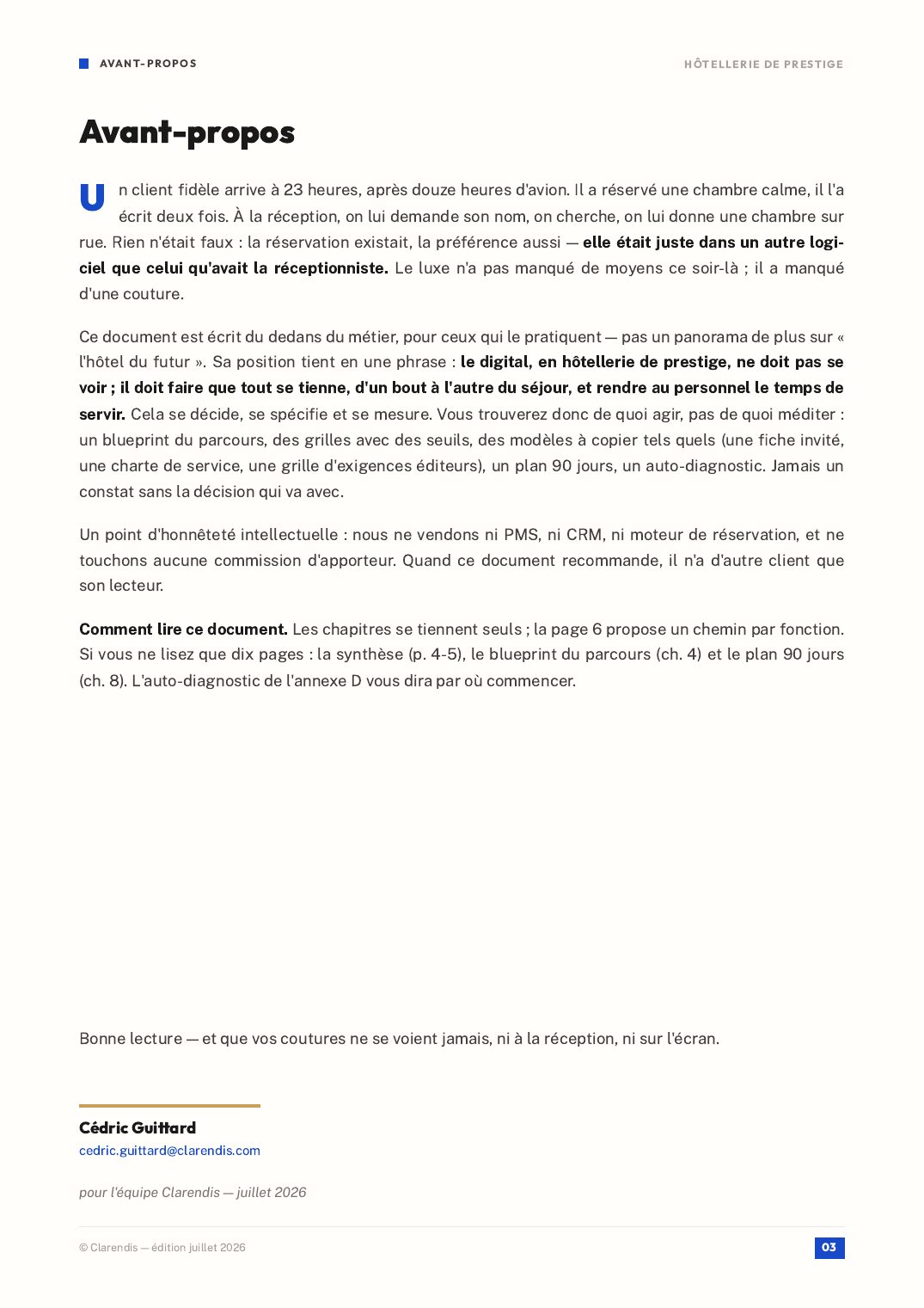 Page 3 du livre blanc « Hôtellerie de Prestige : Orchestration d’une Expérience Sans Couture »