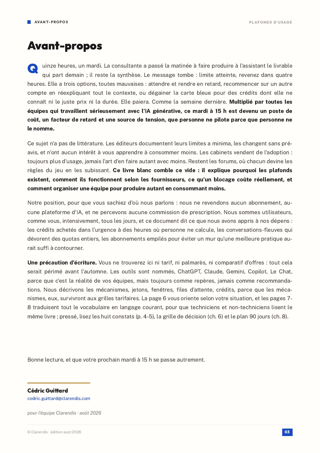 Page 3 du livre blanc « Plafonds d’usage : produire avec l’IA sans acheter du temps »