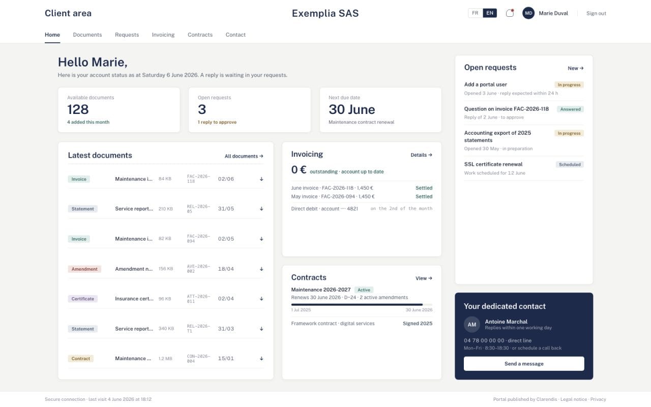 Client area of a portal: available documents, open requests and billing.