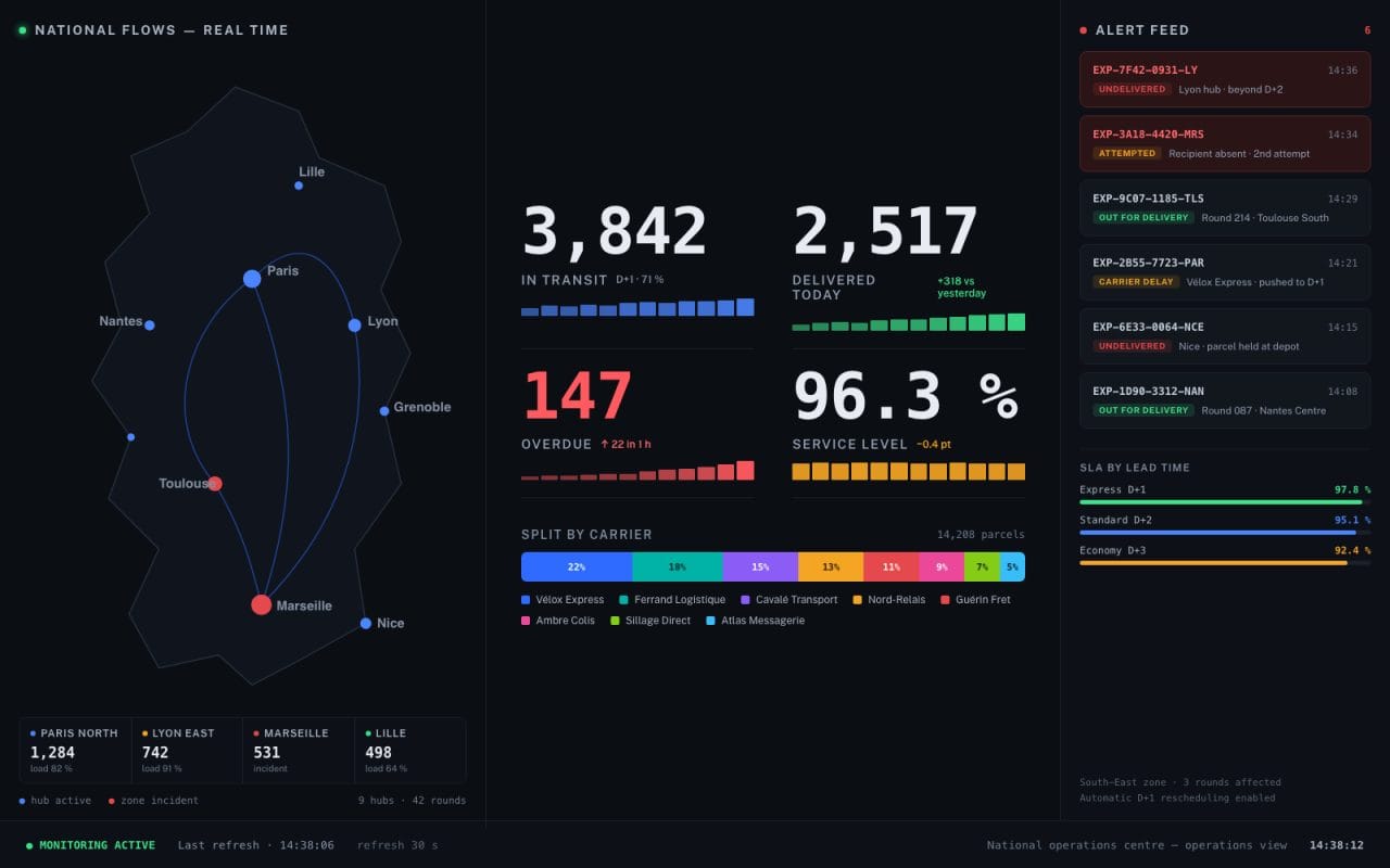 Logistics monitoring wall: shipments in transit, delays and service levels by carrier.