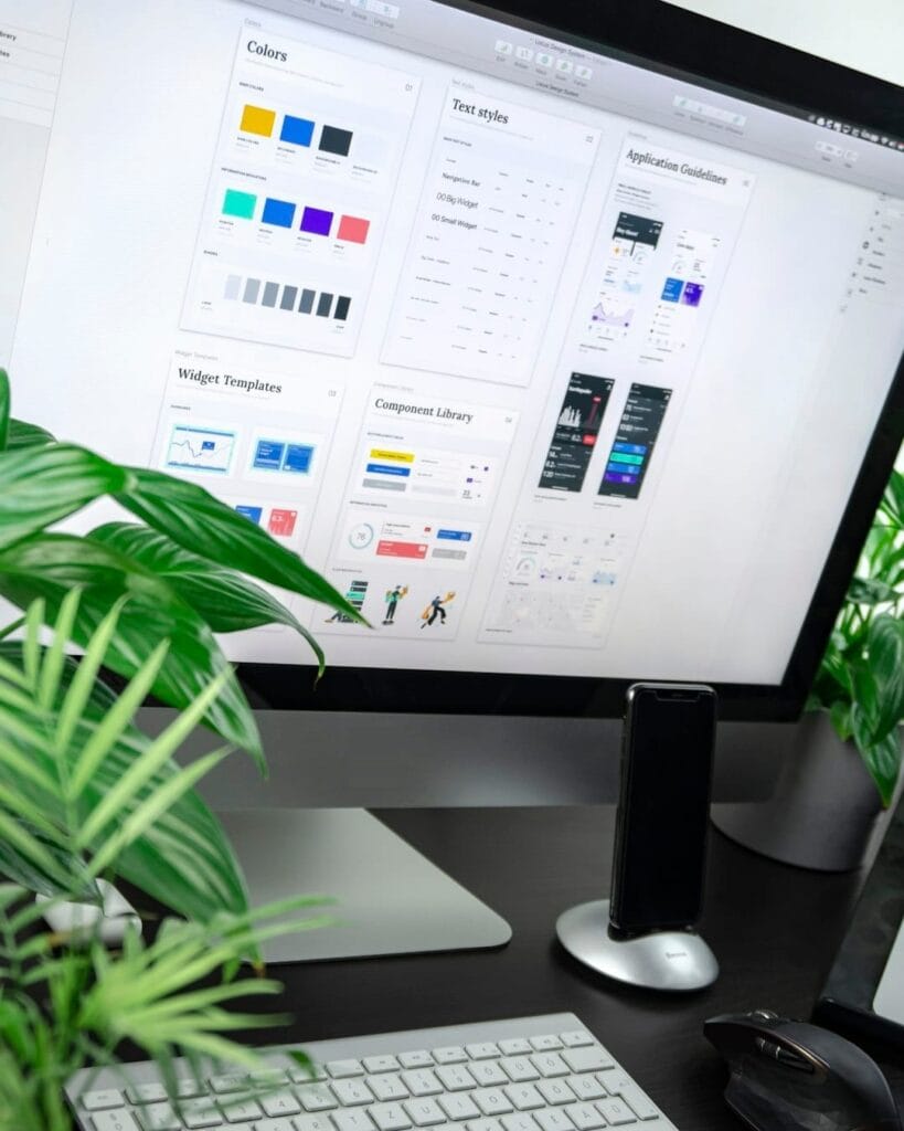Workstation with a lit computer screen, a keyboard and a green plant in the foreground